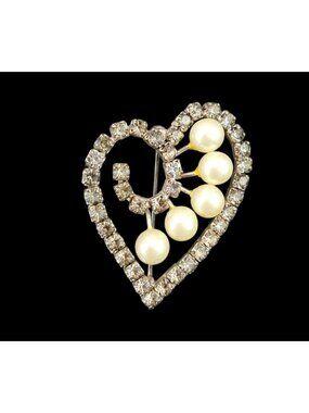 Vintage Heart-Shaped Rhinestone Faux Pearl Pin Brooch Silver-Tone Metal Jewelry
